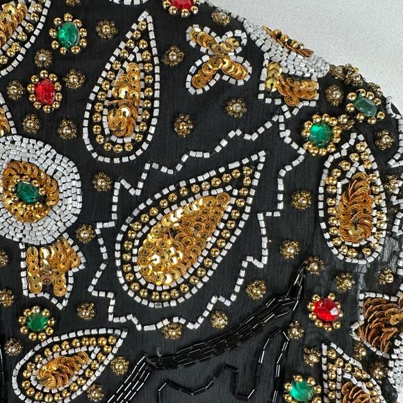 Laurence Kazar Short Sleeve Bodycon Beaded Black Mini Silk Dress Womens L Petite - Picture 5 of 16